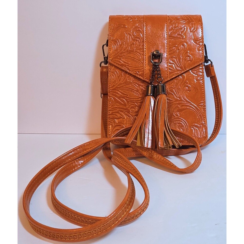 Patricia Nash Style Handtooled Floral Embossed Leather Crossbody Bag w/60"Strap
